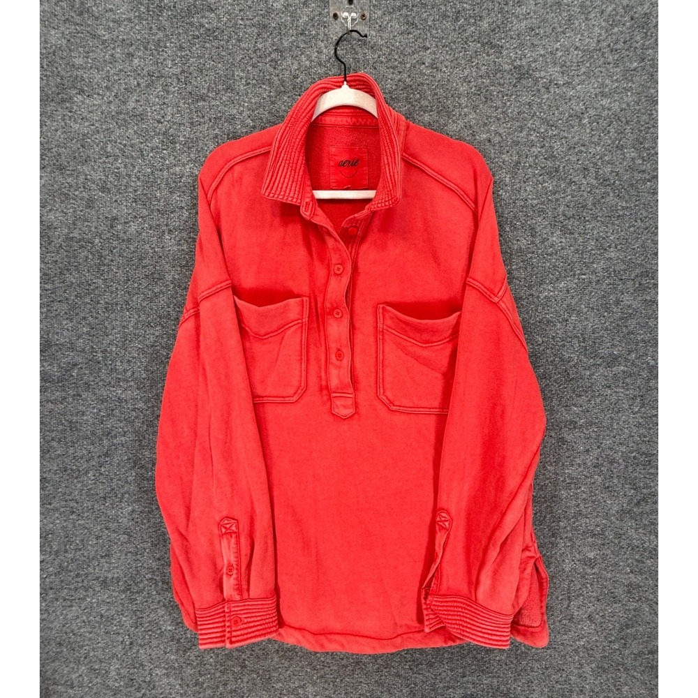 Aerie Sweatshirt Women Large Red Henley Pullover Oversized Utility Fleece Pocket